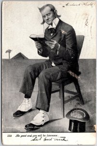 1907 Be A Good And You Will Be Lonesome Man Reading Book Posted Postcard