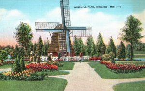 Vintage Postcard Windmill Park Dutch Mill Tulips Mass Planting Holland Michigan