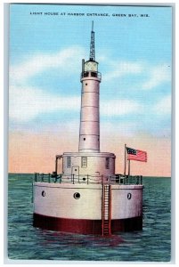 c1940 Lighthouse At Harbor Entrance Ladder Green Bay Wisconsin Vintage Postcard