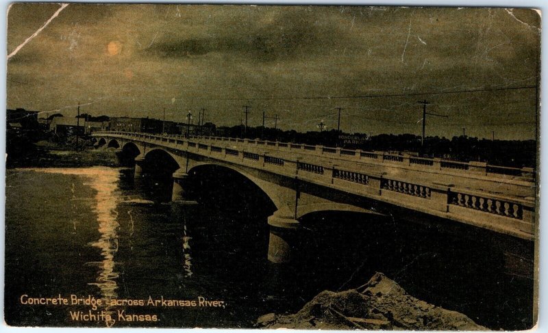 c1910s Wichita KS Night Arkansas River Bridge Wonderland CA Tanner Postcard A151