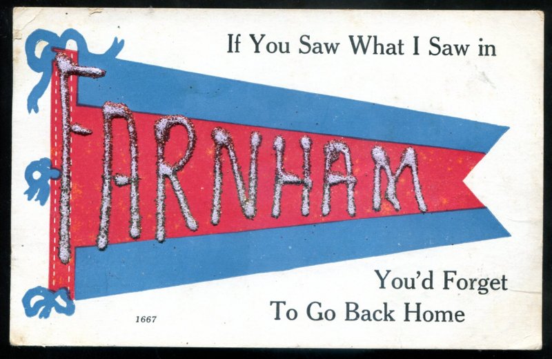 dc1348 - FARNHAM Quebec Postcard 1914 Glitter Pennant