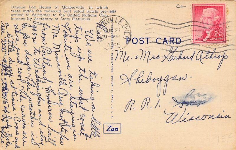 Unique Log House Redwood Gifts Garberville California 1955 linen postcard