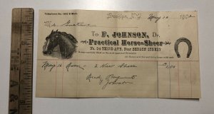 1900s Lot of 2 Dr. F. Johnson Practical HORSE SHOER Brooklyn NEW YORK Billhead