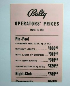 Arcade Game Bingo Pinball Machine Price List March 15 1956 Night Club Pin Pool