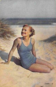 Swimsuit Bathing Beauty Woman 1947 AB502 linen postcard