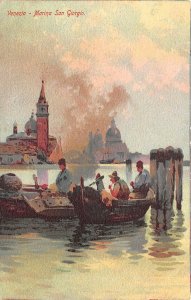 Lot289 venezia marina san giorgio boat italy postcard painting chromo litho