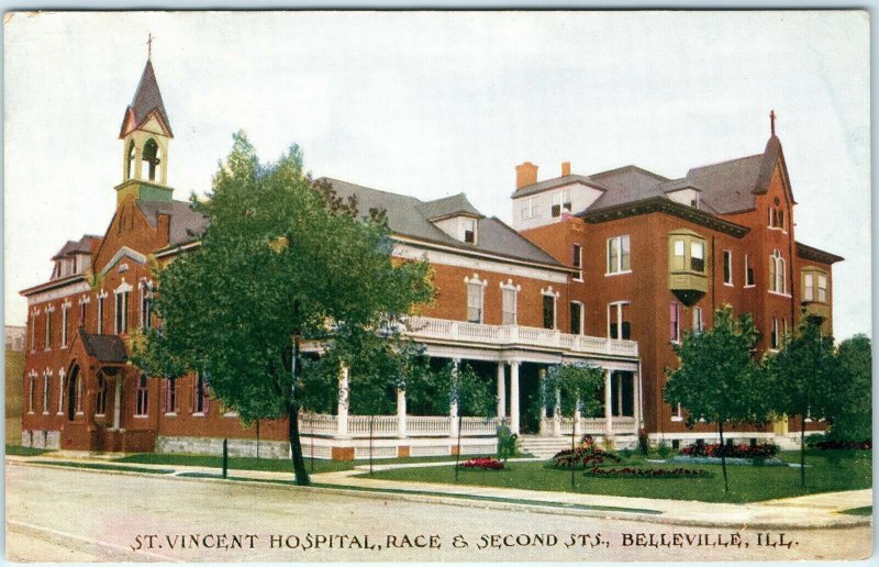 1908 Belleville, Ill St Vincent Hospital Litho Photo Postcard Race & 2nd Sts A35