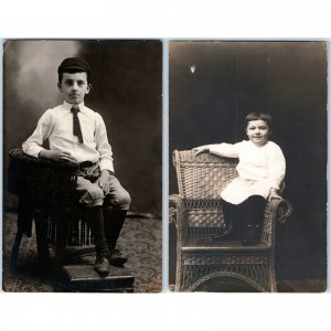 x2 LOT c1910s Sitting Young Men RPPC Boys Little Kid Sit Chair Real Photo A176