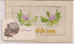 Scotland UK, Novelty PC w Embroidered Lace & Insert Card, Thistle WWI Era, 1914