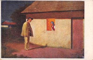 Man outside Womans Window at Night Romance Greetings Vintage Postcard JF235114