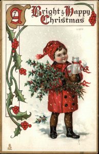 Tuck Christmas Children Little Boy in Red with Gifts c1910 Vintage Postcard