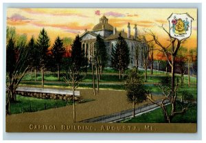 1910 Augusta Maine ME, Capitol Building Gold Embossed Antique Postcard 