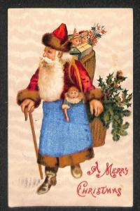 A Merry Christmas Red Robed Clothed in Blue Santa Claus Toys Postcard