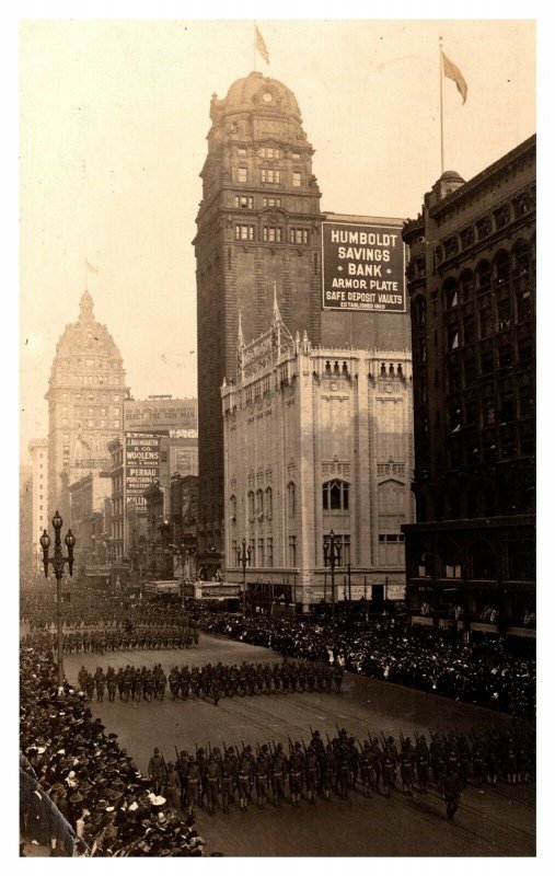 1917 San Francisco Parade Soldiers Marching Market Street Real Photo Postcard