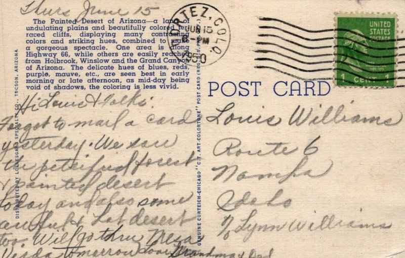 AZ, Painted Desert, Arizona Linen Large Letter Postcard, 'signed' J R Willis