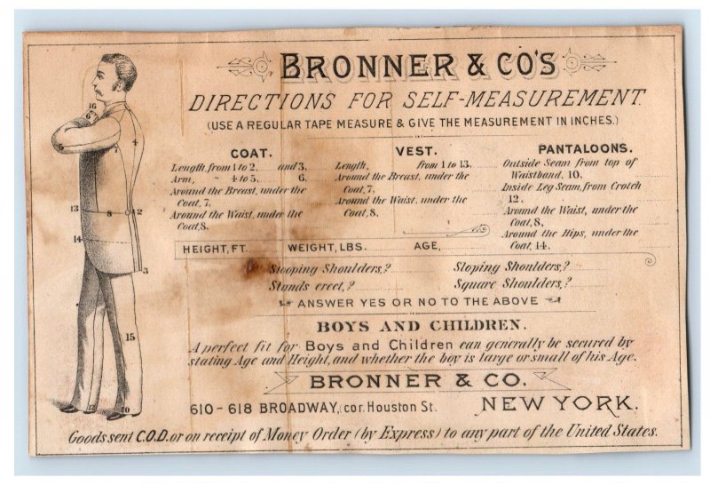 1870s Rare Bronner & Co Directions Self Measurement Clothing Inside