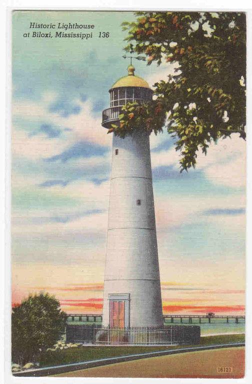 Lighthouse Biloxi Mississippi linen postcard