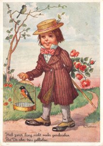 US88 Artist signed Bertram elegant child with bird in cage and hat Germany