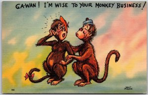 Two Monkies Talking I'm Wise To Your Monkey Business Comic Postcard
