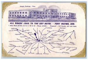Fort Wayne Indiana IN Postcard The Key Hotel Building Road Map Ample Parking Fee