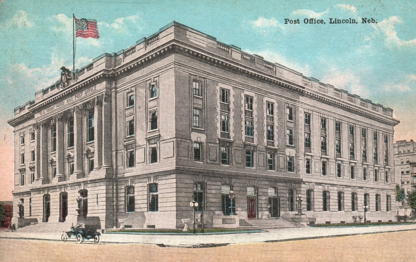 Vintage Postcard 1910's Post Office Building Lincoln Nebraska US Flag