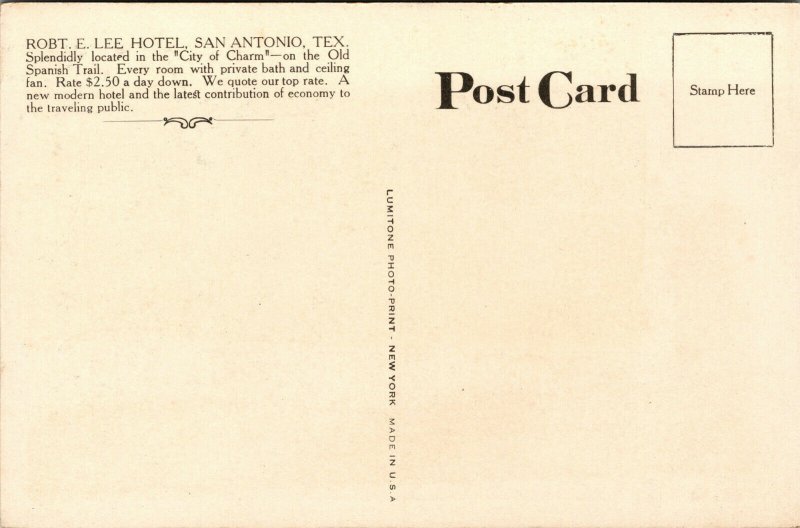 Vtg 1920s Robert R Lee Hotel San Antonio Texas TX Lumitone Postcard