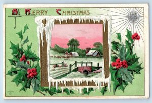 Spring Valley MN Postcard Christmas Winter Scene Holly Berries Embossed c1910's