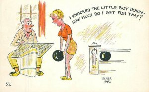 1950s Bowling Recreation woman comic humor artist impression Postcard 22-8567