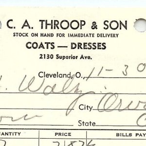 1938 C.A. THROOP & SON COATS-DRESSES CLEVELAND OHIO BILLHEAD STATEMENT Z3445