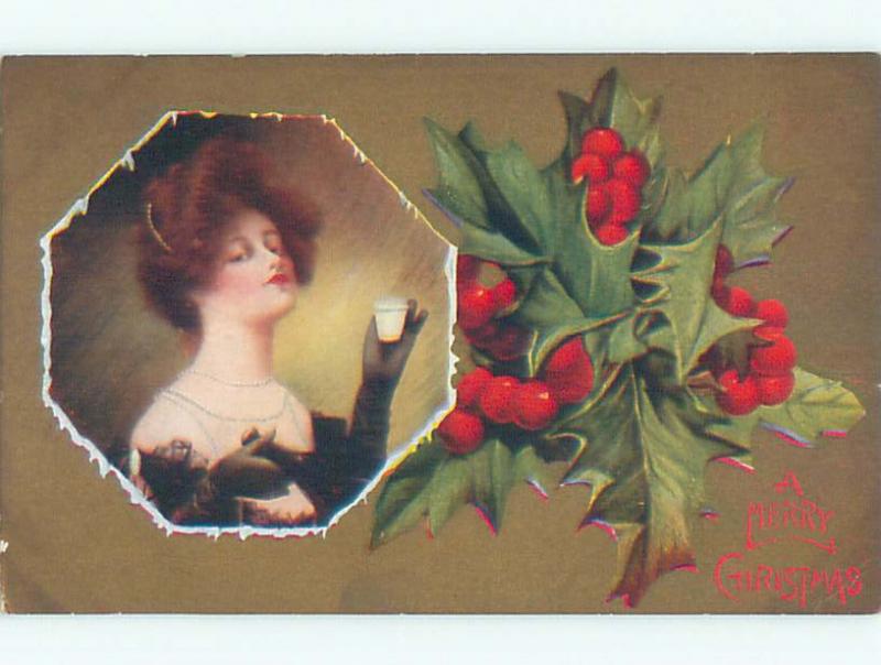 Pre-Linen christmas ELEGANT WOMAN RAISES GLASS FOR TOAST k1599