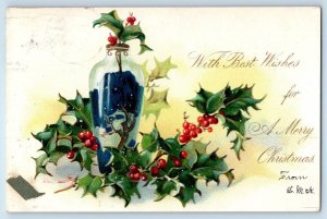 Christmas Postcard Holly Berries In Vase Embossed Brunswick Maine ME 1906 Tuck