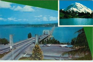 Lake Washington Pontoon Bridge, Seattle Washington Vintage Postcard  Mt. Rainier