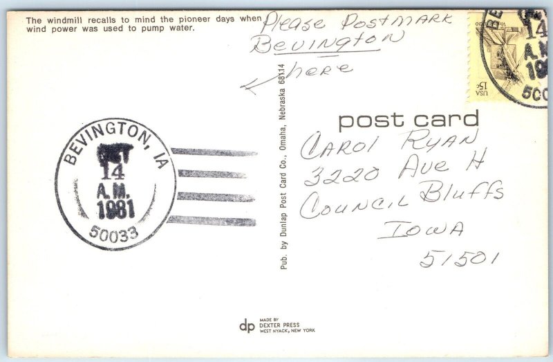 1981 Bevington, IA Post Office Cancel Postcard Town USPO Postal History A269