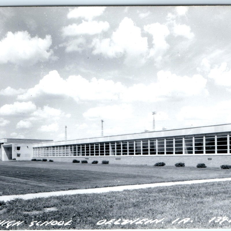 c1960s Oelwein, IA RPPC High School Building Real Photo Huskies Postcard A102