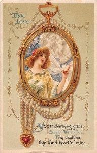 J51/ Holiday Greetings Postcard c1910 Valentines Day Mirror Pretty Woman 331