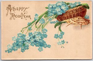 A Happy New Year Forget-Me-Nots Flowers Brown Basket Greetings Postcard