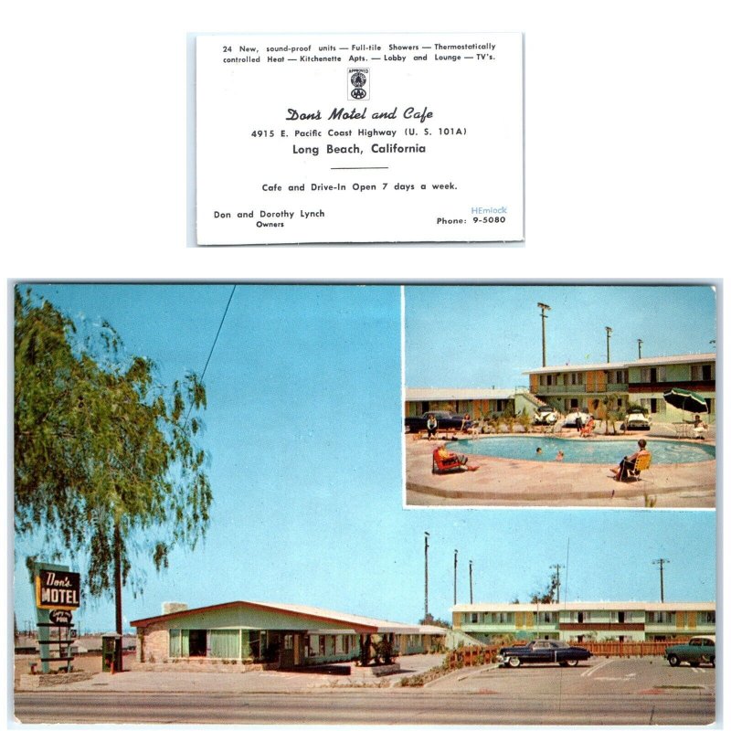 x2 LOT c1950s Long Beach, CA Don's Motel & Cafe Business Card & Postcard A67