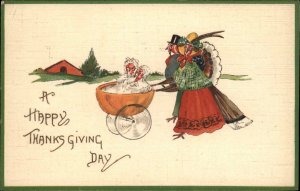 Thanksgiving Fantasy Fashionable Turkey Family Chicks in Carriage c1910 Postcard