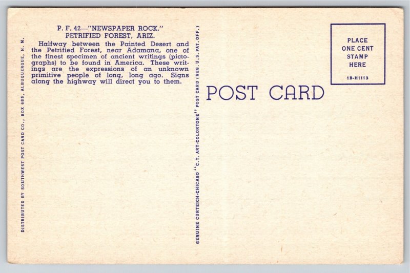 Petrified Forest Arizona~Newspaper Rock From Below~Vintage Linen Postcard
