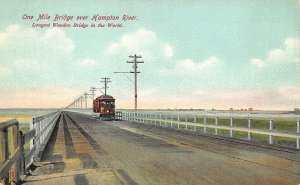 Trolley Crossing Longest Wooden Bridge in The World Hampton River NH Postcard