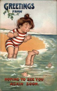 Bathing Beauty Comic Little Girl Falls Into Water c1910 Vintage Postcard