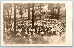 Real Photo Postcard~Carnival Trapeze Act~Acrobat on Head~Crowd~Wooded Glen~1920s 