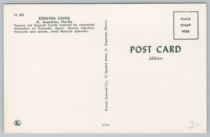 St Augustine Florida~Zorayda Castle~Vintage Postcard