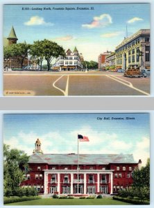 2 Postcards EVANSTON, Illinois IL ~ Street Scene FOUNTAIN SQUARE City Hall 1940s