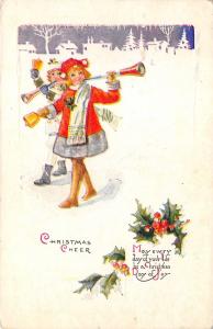 Christmas Cheer c1915 Postcard Children with Bells and Horns Snow
