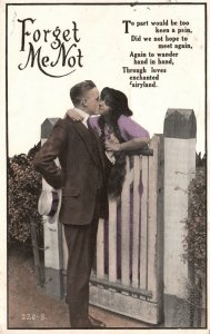 Vintage Postcard 1916 Lovers Couple Farewell Kissing In Fence Forget Me Not