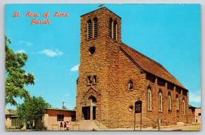 Santa Rosa New Mexico~St Rose Of Lima Parish~Tower~Stone Bldg~1950s Postcard