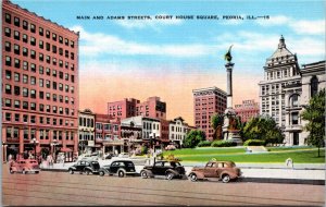 Postcard IL Peoria Main & Adams Streets Court House Square LINEN 1940s S115