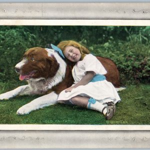 1911 Little Girl Happy Cute Dog Old Faithful Antique Litho Photo Postcard A190