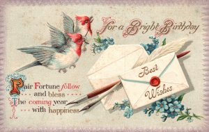 Vintage Postcard For A Bright Birthday Best Wishes Male Birds Forget-Me-Not